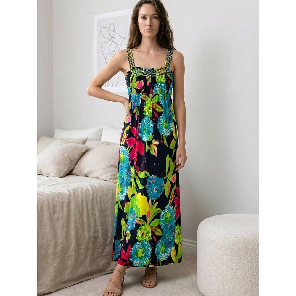 🔺️Moa Moa Tropical Floral Multicolor Sleeveless Maxi Dress Large